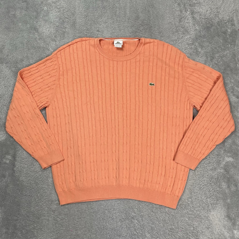 Lacoste Sweater Mens 3XL Orange Cable Knit Cotton Crew Pullover Long Sleeve